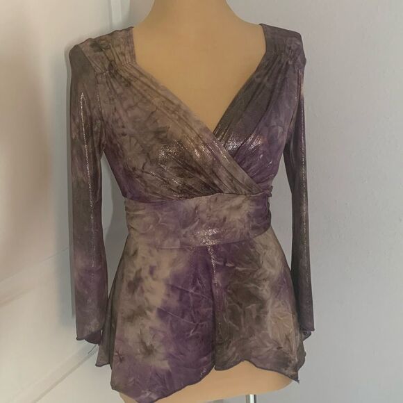 Only Nine Shiny Wrap Tie-Dye Purple Long Sleeve Top - Picture 1 of 7